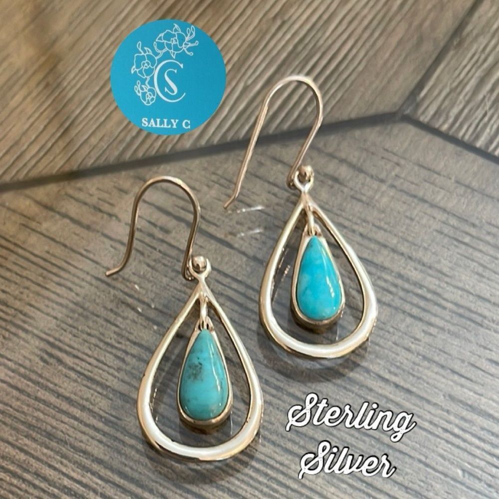 Vintage Sally C Treasures Tear Drop Shaped Sterling Silver Earrings w/ Turquoise